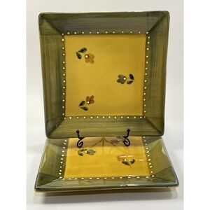 AMALFI COLLECTION HANDMADE 2 SQUARE PLATES OLIVE GREEN & YELLOW  VTG 8.5"  ITALY